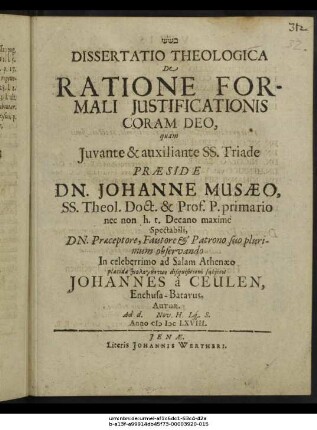 Dissertatio Theologica De Ratione Formali Iustificationis Coram Deo