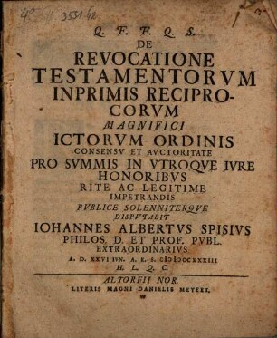 De Revocatione Testamentorvm Inprimis Reciprocorvm