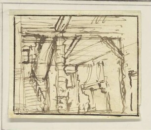 Blick in eine Halle mit Kamin und Treppenaufgang, Skizze zu einem Bühnenbild