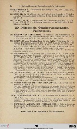 20. Philosophie, Geheimwissenschaften, Freimaurerei (Nr. 755-777)