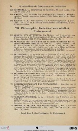 20. Philosophie, Geheimwissenschaften, Freimaurerei (Nr. 755-777)