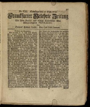 No. XXI. Samstags den 15 Sept. 1736 - No. XXX. Dienstags den 16 Octob. 1736