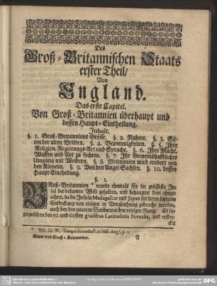Des Groß-Britannischen Staats erster Theil, Von England