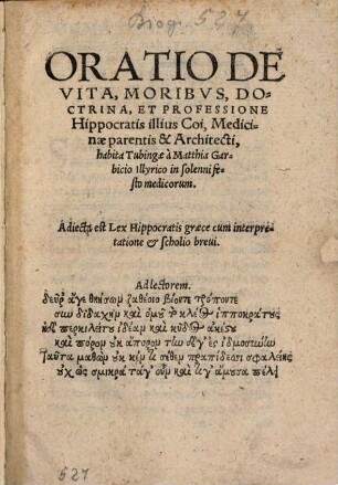 Oratio de vita ... Hippocratis