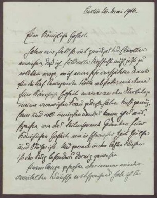 Schreiben von Theobald von Bethmann Hollweg an die Großherzogin Luise; Dank für die Anteilnahme am Todestag der Ehefrau; Anfrage nach einer Unterredung mit dem Großherzog Friedrich II. über die politische Lage