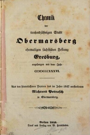 Chronik der tausendjährigen Stadt Obermarsberg ehemaligen sächsischen Festung Eresburg, angefangen mit dem J. 1836