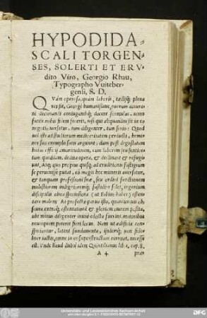 Hypodidascali Torgenses, Solerti Et Erudito Viro, Georgio Rhau, Typographo Witebergensi, S. D.