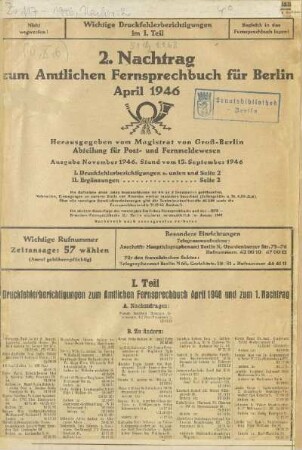 Druckfehlerberichtigungen zum Amtlichen Fernsprechbuch April 1946 und zum 1. Nachtrag