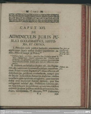 Caput XVI. De Adminiculis Iuris Publici Ecclesiastici, Historia, Et Critica