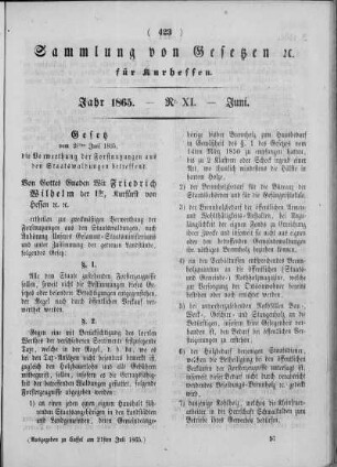 Sammlung von Gesetzen für Kurhessen. Jahr 1865. - Nr. XI. Juni.