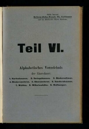 Alphabetisches Verzeichnis der Einwohner: Harleshausen, Ihringshausen, Niedervellmar, Niederzwehren, Oberzwehren, Sandershausen, Waldau, Wilhelmshöhe, Wolfsanger
