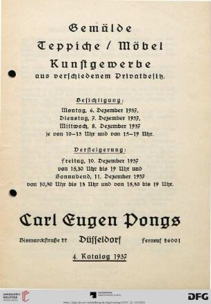 Gemälde, Teppiche, Möbel, Kunstgewerbe aus verschiedenem Privatbesitz : 10. und 11. Dezember 1937