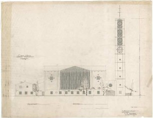 Gsaenger, Gustav; München - Fürstenried; Ev. Andreas Kirche, Pfarrhaus und Siedlung Fürstenried 2 - Kirche, Nordseite (Ansicht)