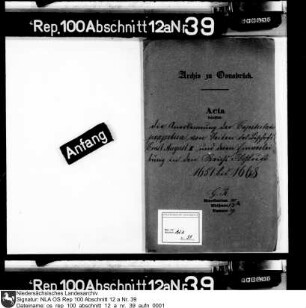 Anerkennung der Capitulatio perpetua durch Ernst August I. und deren Aufnahme in den Reichsschluss Enthält u.a.: Schreiben des Bischofs von Osnabrück und der Stadt Osnabrück (1398); Schreiben des Osnabrücker Domkapitels; Schreiben Ernst August I. an Georg Heinrich Derenthal und an Kanzleidirektor und Räte von Osnabrück