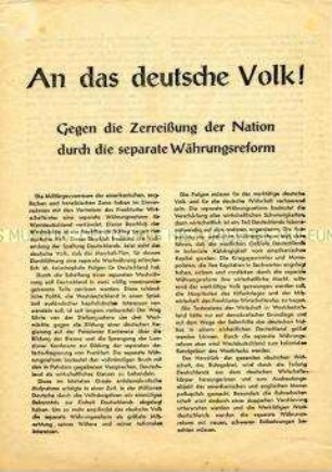 Propagandaflugblatt des SED-Parteivorstandes gegen die separate Währungsreform in Westdeutschland und Westberlin