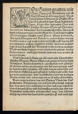 Von Gottes gnaden/ wir Ulrich Hertzog zu Wirtemberg und zu Teck/ Grave zu Mümppelgart ...