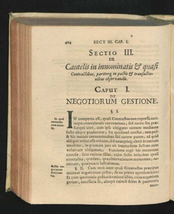 Sectio III. De Cautelis in innominatis & quasi Contractibus, pariterque in pactis & transactionibus observandis.