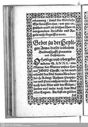 Gebet zu der Heyligen Anna, dieser loblichen Brüderschafft Patronin und Beschützerin