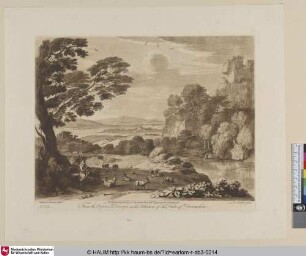 [Landschaft mit Hirt und Ziegenherde; recht bewachsene Felsen.]