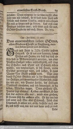 [4.] Dem auserwehlten lieben GOttes, allen Gliedern Christi zu Augsburg, meinen lieben Herren und Brüdern. [Im 2. Jen. Theil, fol. 276.]