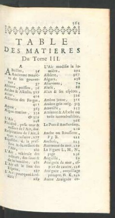 Table du Matieres du Tome III.