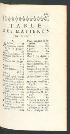 Table du Matieres du Tome III.
