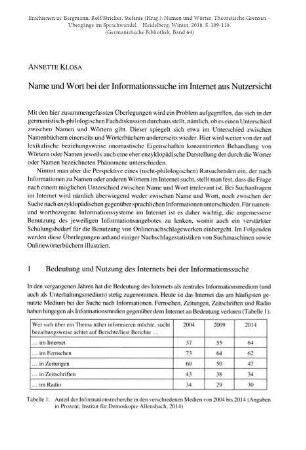 Name und Wort bei der Informationssuche im Internet aus Nutzersicht