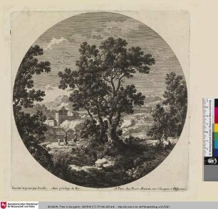 [Landschaft mit Familie die auf einen Fluss mit Wasserfall blickt]