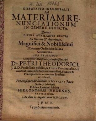 Disputatio Inauguralis Ad Materiam Renunciationum In Genere Directa