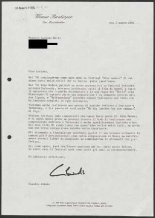 Brief an Luciano Berio, 01.03.1990