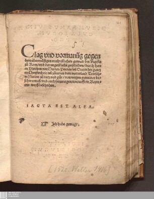 Clag vnd vormanu[n]g gegen dem übermaessigen vnchristlichen gewalt des Bapsts zů Rom/ vnd der vngeistliche[n] geistlichen/