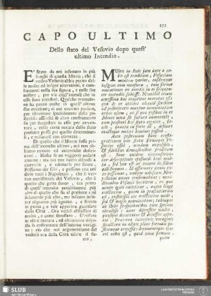 Capo Ultimo. Dello stato del Vesuvio dopo quest' ultimo Incendio