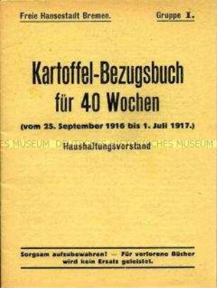 Nachweisheft der Stadt Bremen für einen Haushaltungsvorstand über den Bezug von Kartoffeln