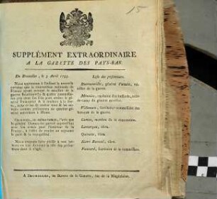 Gazette des Pays-Bas. Supplément extraordinaire à la Gazette des Pays-Bas. 1793, Nr. [2] (3. April)