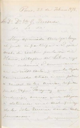 [Carta de Mariano Balcarce a Vicente Quesada en español, París, 22 de febrero de 1878]