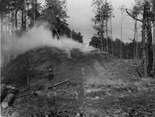 Im Bayrischen Wald. Ein brennender Kohlenmeiler zur Holzkohlegewinnung