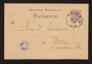 Postkarte an Dr. Lamprecht in Bonn, Weberstr. 106