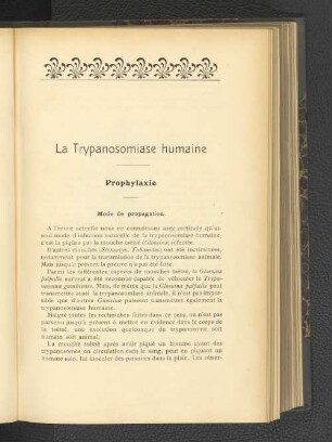 La Trypanosomiase humaine. Prophylaxie. Mode de propagation