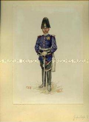Uniformdarstellung, Offizier der Eisenbahn-Abteilung in Parade, Sachsen, um 1900.