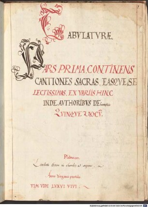 38 Keyboard pieces, org - BSB Mus.ms. 264 : [spine title, gold on red label:] Tabu // latur // Buch // N|o 3.