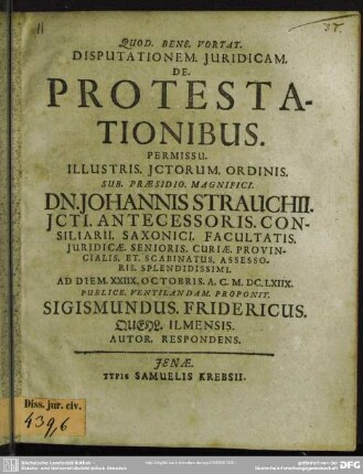 Disputationem juridicam De protestationibus