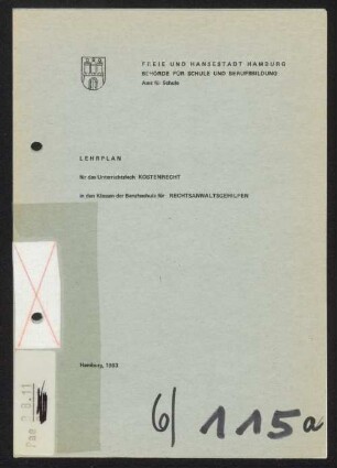 Lehrplan für das Unterrichtsfach Kostenrecht in den Klassen der Berufsschule für Rechtsanwaltsgehilfen