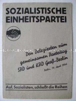 Delegiertenmappe des gemeinsamen Parteitages von KPD und SPD in Groß-Berlin in Vorbereitung der Vereinigung