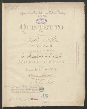 Quintetto Pour 2 Violons, 2 Altos et Violoncelle Oeuv. 29