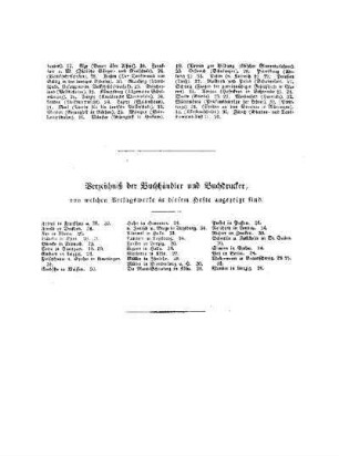 Verzeichnis der Buchhändler und Buchdrucker von welchen Verlagswerke in diesem Hefte angezeigt sind