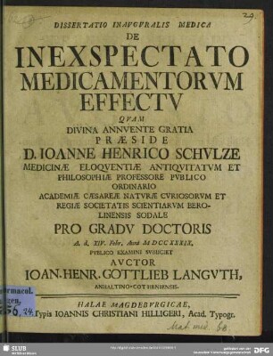 Dissertatio Inauguralis Medica De Inexspectato Medicamentorum Effectu