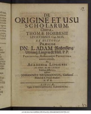 De Origine Et Usu Scholarum, Contra Thomae Hobbesii Leviathanis Cap. XLVI.
