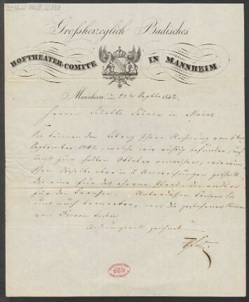 Brief an B. Schott's Söhne : 22.09.1842