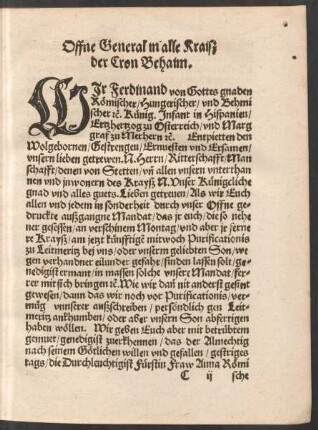 Offne General in alle Kraiß der Cron Behaim.