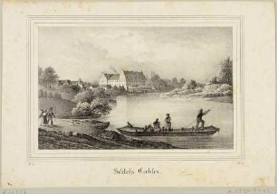 Das Schloss Trebsen nördlich von Grimma von Südosten über die Mulde gesehen, im Vordergrund ein Fährboot, aus der Zeitschrift Saxonia, 2. Band 1836